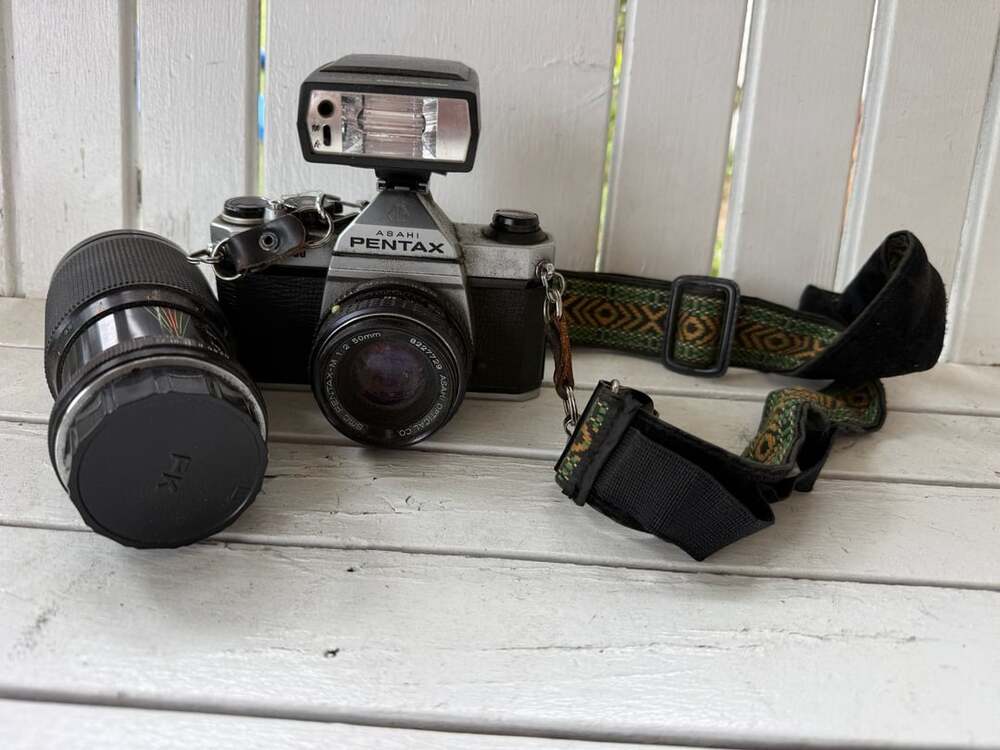 Asahi Pentax Film Camera with 50mm Lens and Flash